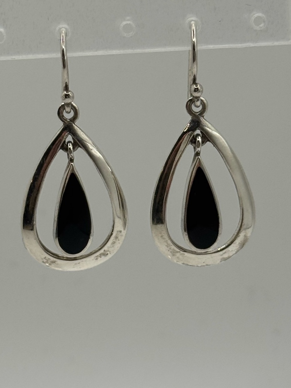 Vintage PFI 925 Silver Onyx Like Inlay Double Teardrop Shape Earrings 5.1g